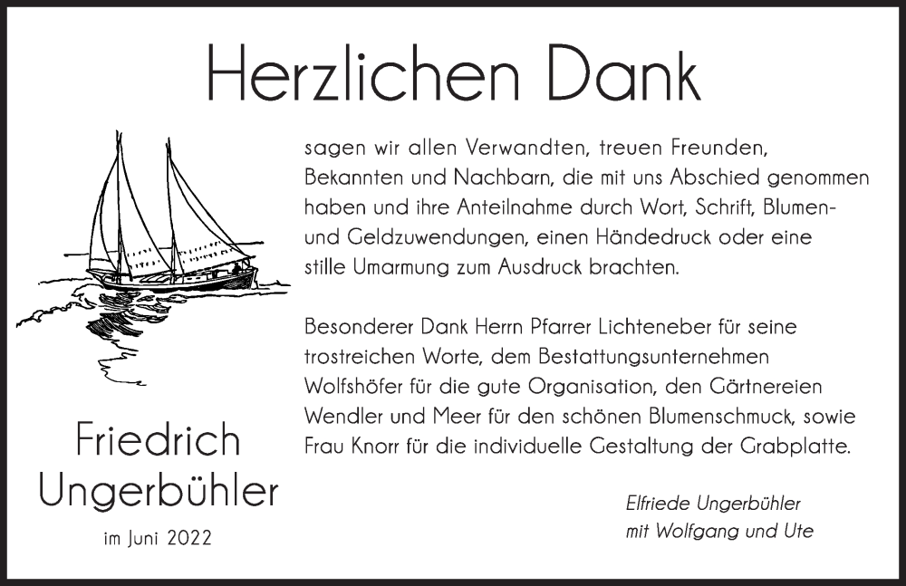  Traueranzeige für Friedrich Ungerbühler vom 18.06.2022 aus Hersbrucker Zeitung