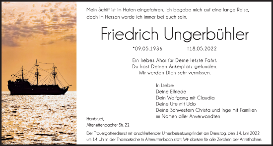 Traueranzeige von Friedrich Ungerbühler von Hersbrucker Zeitung
