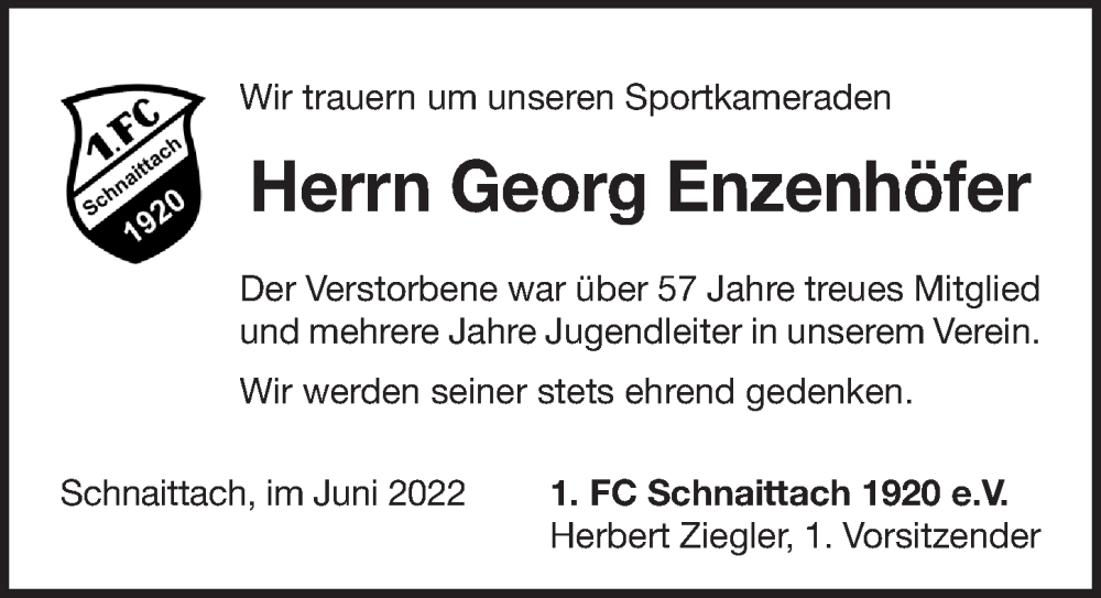  Traueranzeige für Georg Enzenhöfer vom 18.06.2022 aus Pegnitz-Zeitung