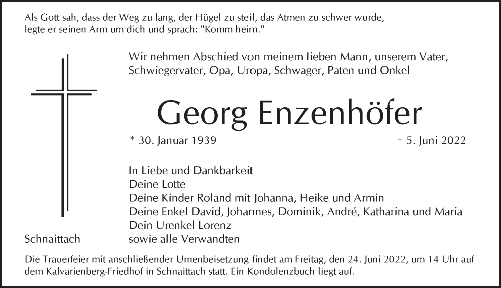  Traueranzeige für Georg Enzenhöfer vom 18.06.2022 aus Pegnitz-Zeitung