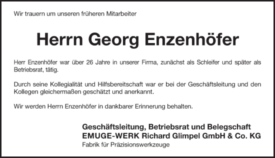 Traueranzeige von Georg Enzenhöfer von Pegnitz-Zeitung