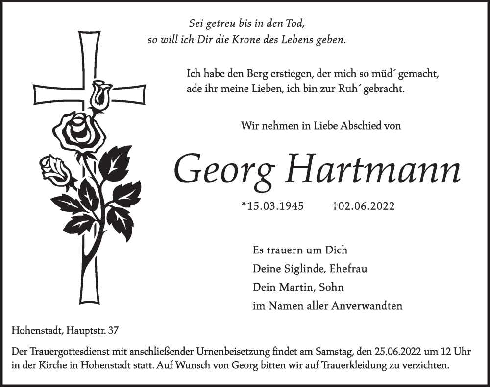  Traueranzeige für Georg Hartmann vom 22.06.2022 aus Hersbrucker Zeitung