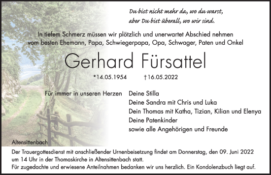 Traueranzeige von Gerhard Fürsattel von Hersbrucker Zeitung