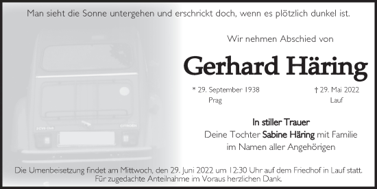 Traueranzeige von Gerhard Häring von Pegnitz-Zeitung