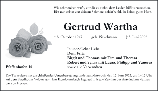 Traueranzeige von Gertrud Wartha von Hersbrucker Zeitung