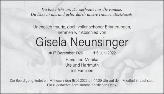Traueranzeige von Gisela Neunsinger von Pegnitz-Zeitung