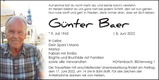 Traueranzeige von Günter Baer von Pegnitz-Zeitung