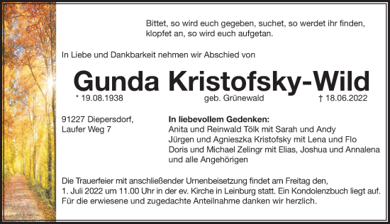 Traueranzeige von Gunda Kristofsky-Wild von Hersbrucker Zeitung