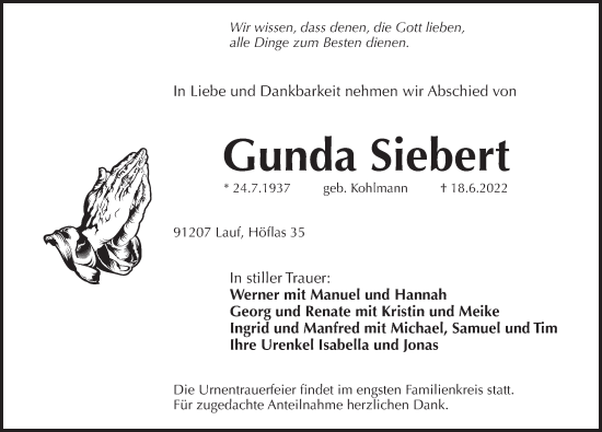 Traueranzeige von Gunda Siebert von Pegnitz-Zeitung