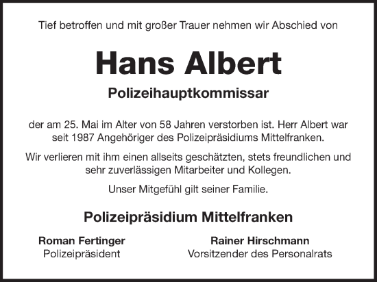 Traueranzeige von Hans Albert von Hersbrucker Zeitung