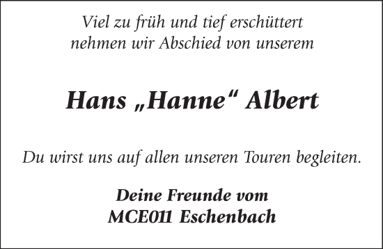 Traueranzeige von Hans Albert von Hersbrucker Zeitung