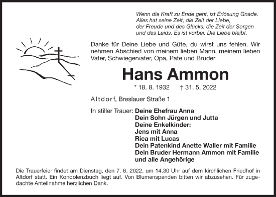 Traueranzeige von Hans Ammon von Der Bote