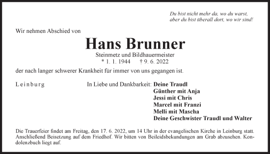 Traueranzeige von Hans Brunner von Der Bote