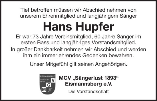 Traueranzeige von Hans Hupfer von Der Bote