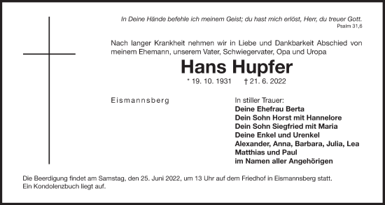 Traueranzeige von Hans Hupfer von Der Bote