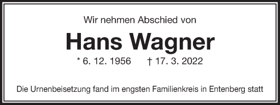 Traueranzeige von Hans Wagner von Der Bote