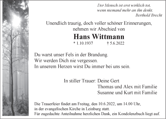 Traueranzeige von Hans Wittmann von Pegnitz-Zeitung