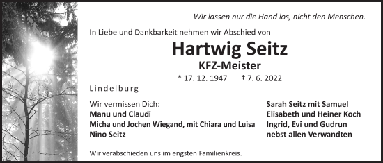 Traueranzeige von Hartwig Seitz von Der Bote
