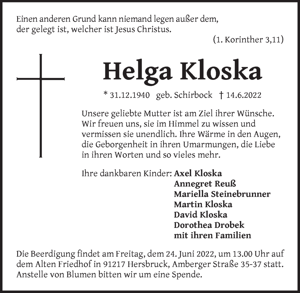  Traueranzeige für Helga Kloska vom 22.06.2022 aus Pegnitz-Zeitung