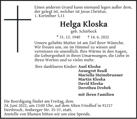 Traueranzeige von Helga Kloska von Hersbrucker Zeitung