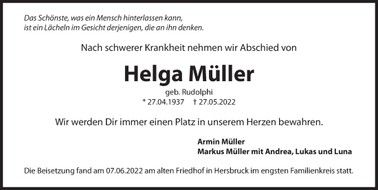 Traueranzeige von Helga Müller von Hersbrucker Zeitung