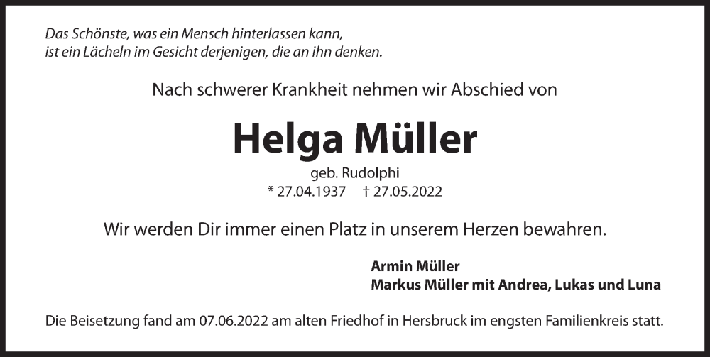  Traueranzeige für Helga Müller vom 11.06.2022 aus Hersbrucker Zeitung
