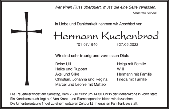 Traueranzeige von Hermann Kuchenbrod von Hersbrucker Zeitung
