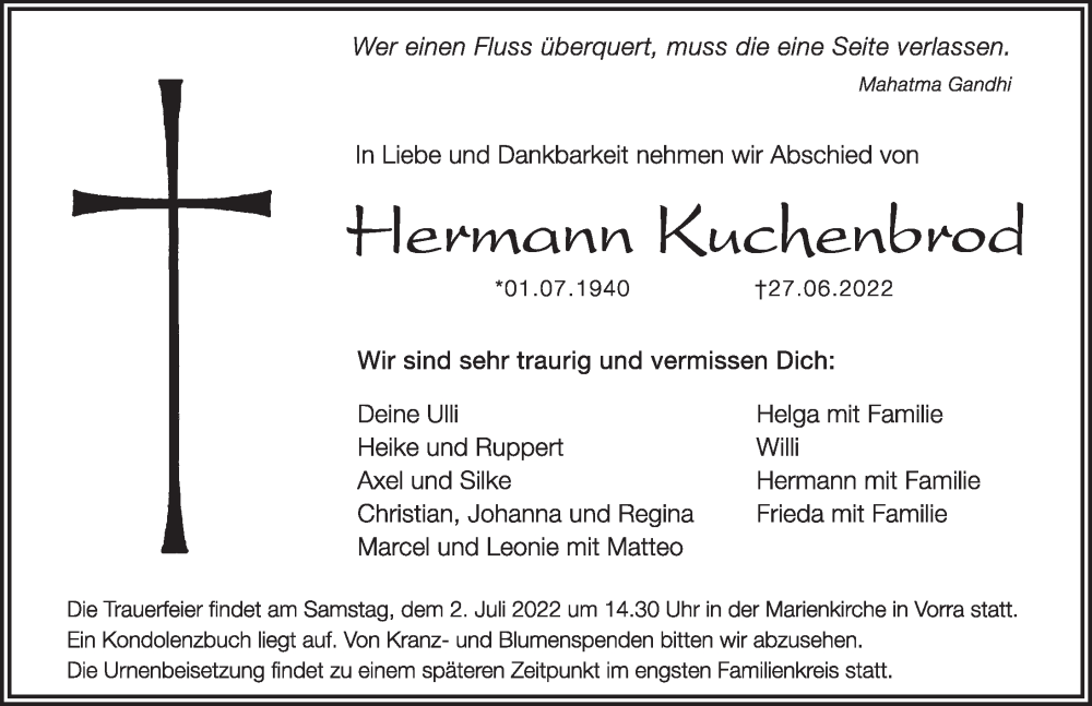  Traueranzeige für Hermann Kuchenbrod vom 30.06.2022 aus Hersbrucker Zeitung