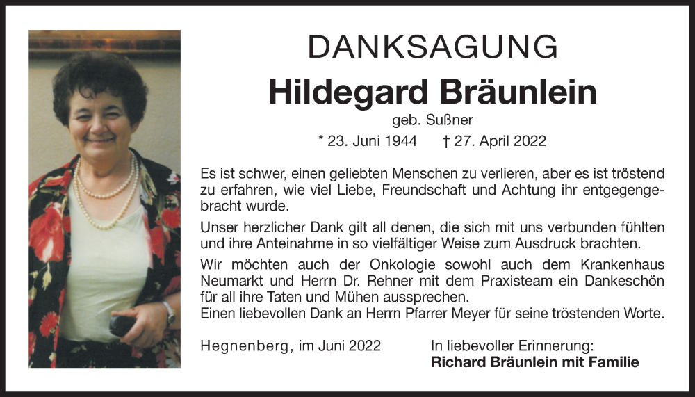  Traueranzeige für Hildegard Bräunlein vom 11.06.2022 aus Der Bote