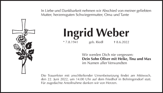 Traueranzeige von Ingrid Weber von Pegnitz-Zeitung