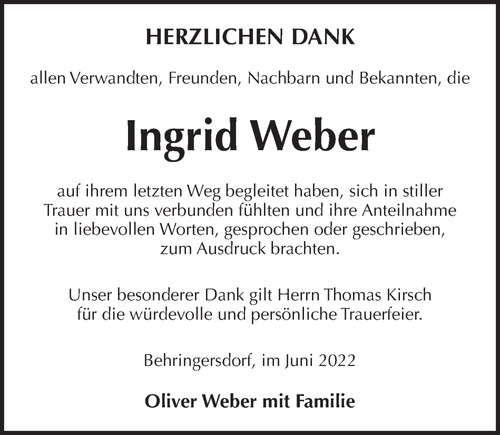  Traueranzeige für Ingrid Weber vom 25.06.2022 aus Pegnitz-Zeitung