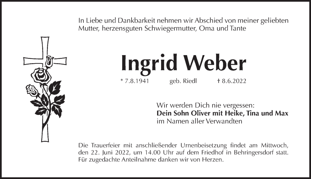  Traueranzeige für Ingrid Weber vom 18.06.2022 aus Pegnitz-Zeitung