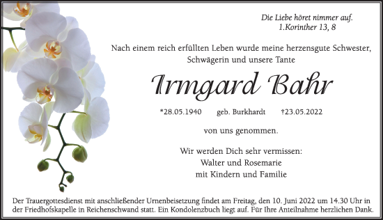 Traueranzeige von Irmgard Bahr von Hersbrucker Zeitung