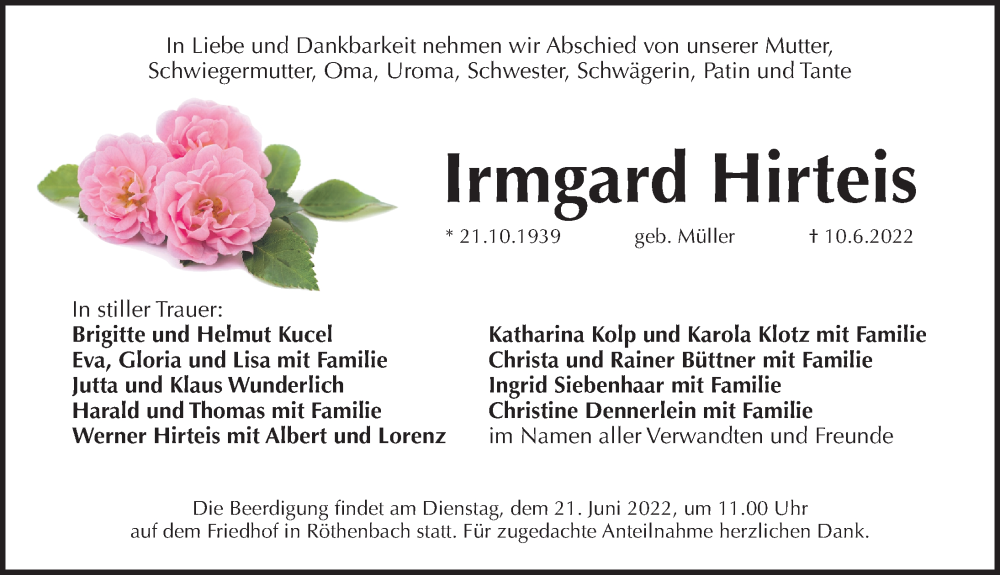  Traueranzeige für Irmgard Hirteis vom 18.06.2022 aus Pegnitz-Zeitung
