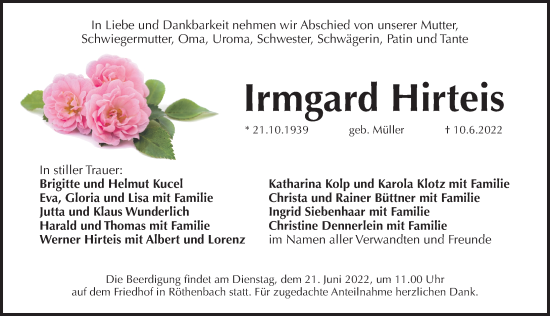 Traueranzeige von Irmgard Hirteis von Pegnitz-Zeitung