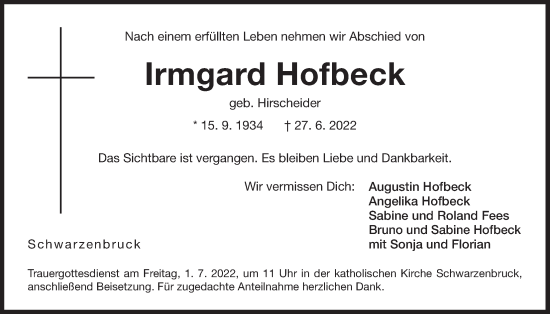 Traueranzeige von Irmgard Hofbeck von Der Bote