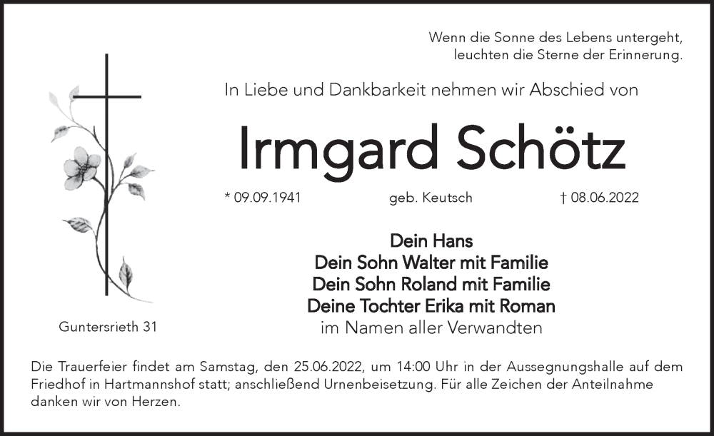  Traueranzeige für Irmgard Schötz vom 22.06.2022 aus Hersbrucker Zeitung