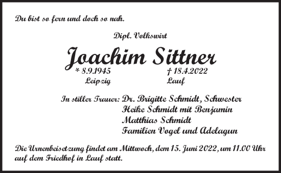 Traueranzeige von Joachim Sittner von Pegnitz-Zeitung