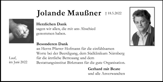 Traueranzeige von Jolande Maußner von Pegnitz-Zeitung