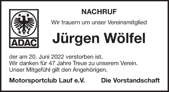 Traueranzeige von Jürgen Wölfel von Pegnitz-Zeitung
