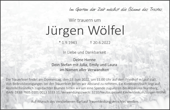 Traueranzeige von Jürgen Wölfel von Pegnitz-Zeitung