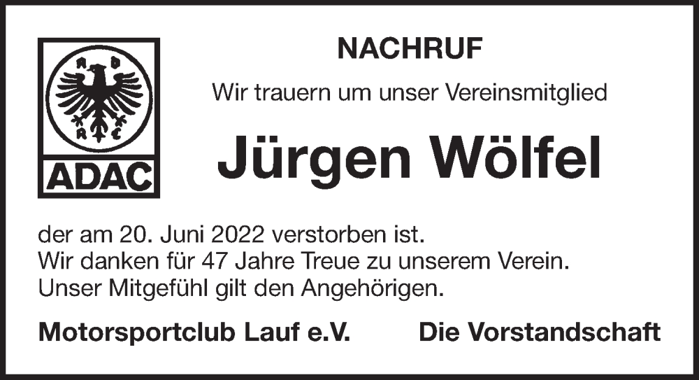  Traueranzeige für Jürgen Wölfel vom 24.06.2022 aus Pegnitz-Zeitung