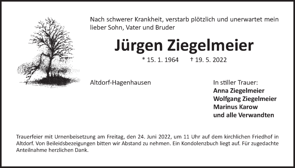  Traueranzeige für Jürgen Ziegelmeier vom 21.06.2022 aus Der Bote