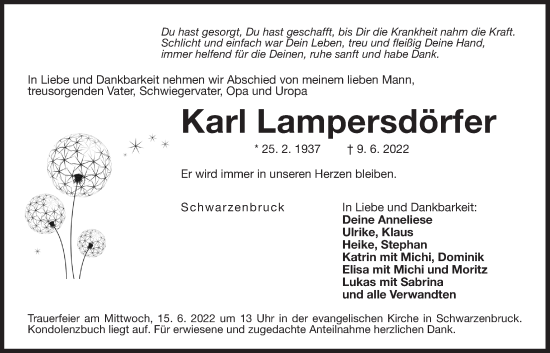Traueranzeige von Karl Lampersdörfer von Der Bote