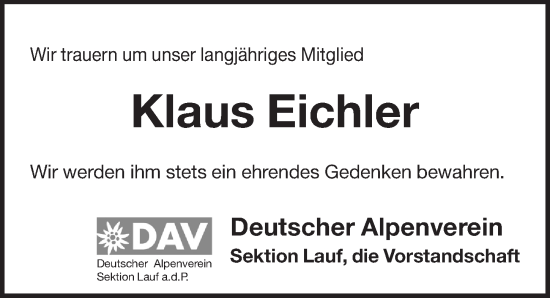 Traueranzeige von Klaus Eichler von Pegnitz-Zeitung