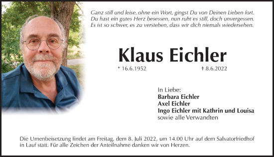 Traueranzeige von Klaus Eichler von Pegnitz-Zeitung