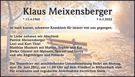 Traueranzeige von Klaus Meixensberger von Pegnitz-Zeitung