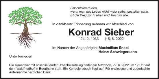 Traueranzeige von Konrad Sieber von Der Bote
