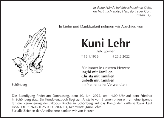 Traueranzeige von Kuni Lehr von Pegnitz-Zeitung