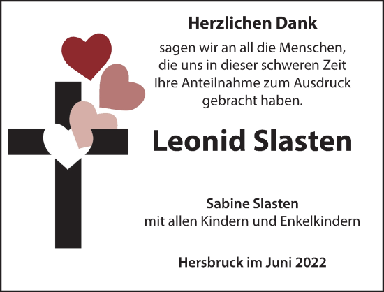 Traueranzeige von Leonid Slasten von Hersbrucker Zeitung